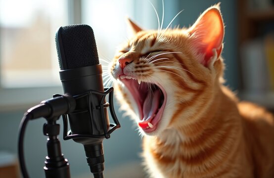 Orange tabby cat yawns widely near pro microphone. Feline has open mouth with sharp teeth visible. Pet sits indoors ready for karaoke or vocal performance.
