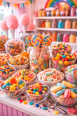 Bright candy store interior filled with jars of colorful sweets, lollipops, and treats creating a playful and joyful atmosphere..
