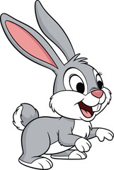 Obraz premium Cute happy gray rabbit cartoon character with long ears and friendly smile standing isolated on white background vector animal illustration