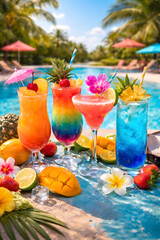 Bright tropical cocktails with fresh fruit garnishes served beside a swimming pool, creating a vibrant summer vacation and resort atmosphere..