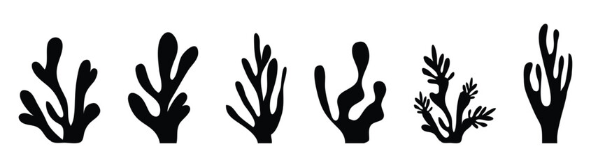 Obraz premium Organic seaweed and coral silhouettes in black; abstract underwater plant shapes, minimalist aquatic leaf collection; modern vector illustration set