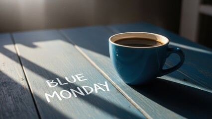 Morning Coffee on a Blue Wooden Table with blue Monday Text in Sunlight