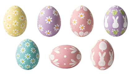 Easter eggs with floral and bunny designs in pastel colors