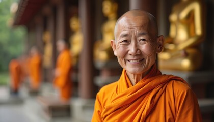 Bald Buddhist nun smiles in orange robe near golden Buddha statues inside a temple hall. Other monks in similar attire visible in background behind pillars. Peaceful serene atmosphere.