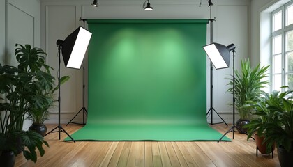 Pro photo studio setup with green backdrop for chroma keying effects. Two softbox lights illuminate scene. Indoor plants add touch of nature to creative space. Versatile set ready for product shoots,