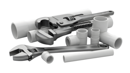 Plumbing tools and white pvc pipes on a black background