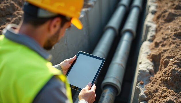 Construction worker inspects pipeline trench using tablet. Man in hard hat and safety vest checks digital plan on screen. Utility infrastructure development underway.