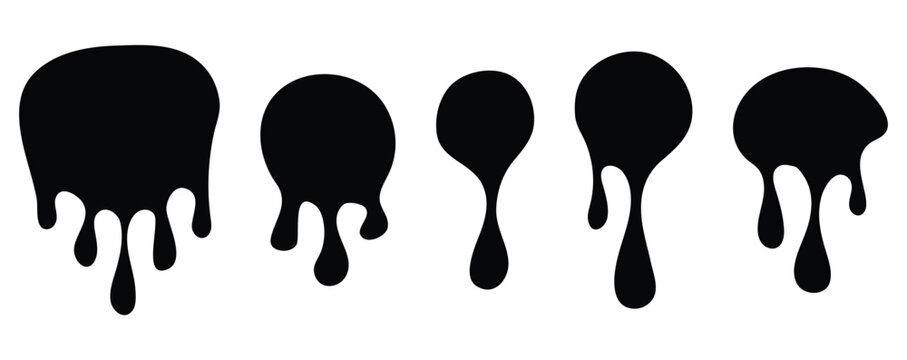 Black dripping liquid silhouettes and melting circle shapes, paint drip icons, ink splatter and splash collection, modern vector illustration set