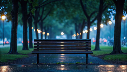 Rain soaked urban reflection. rain soaked park bench under canopy of darkened trees, illuminated by streetlights
