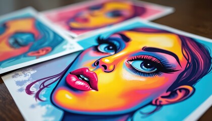 Obraz premium Vibrant art prints feature colorful portraits of women faces. Bold abstract designs with bright expressive eyes and lips. Modern graphic posters for gallery exhibition or decor. Creative visual art.