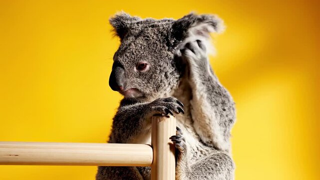 Studio shot of a healthy koala meticulously grooming its ear while perched on a clean wooden dowel against a clean sunny yellow backdrop nature, bush animal, cute