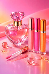 High end cosmetic products and perfume bottle arranged on a pink background with glossy textures and colorful beauty branding..