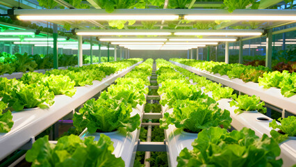 Rows of vibrant green hydroponic lettuce growing under bright LED grow lights in a modern vertical farming operation setup