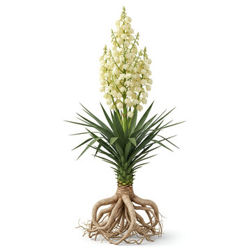 Mature yucca plant with roots and creamy bell-shaped flowers