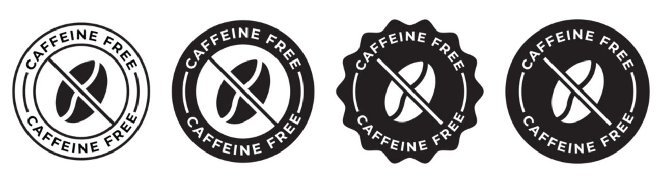 Set of caffeine free badges and product labels; healthy drink icons for decaf and natural energy; black minimalist vector illustration collection