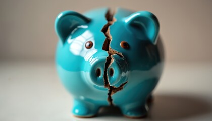 Broken blue piggy bank sits on table. Ceramic money box is cracked in half showing internal damage. Symbol of financial loss and savings failure.