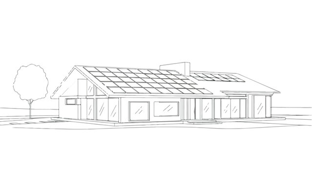 Modern sustainable long-house architecture with integrated solar panel roof system