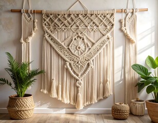 Large, textured, handcrafted wall hanging with plants