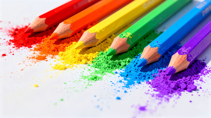 Vibrant set of sharpened colored pencils arranged sequentially displaying the full spectrum of the rainbow with finely ground pigment scattered underneath.