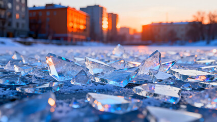 Macro close-up shot captures jagged shards of clear, broken ice glittering with prismatic reflections on a frozen surface during a vibrant sunset urban setting.
