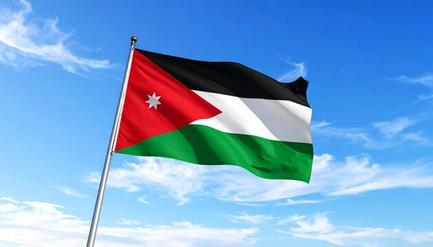 National flag of Jordan flying on flagpole against blue sky with wispy white clouds.