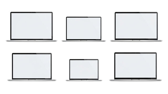 Set of Blank Digital Laptop Screens Displayed on White Background in Studio Environment