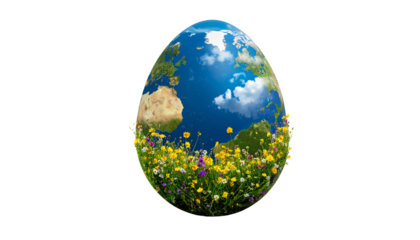 Easter egg shaped like a planet with tiny flowers and clouds, isolated on transparent background, surreal spring concept.