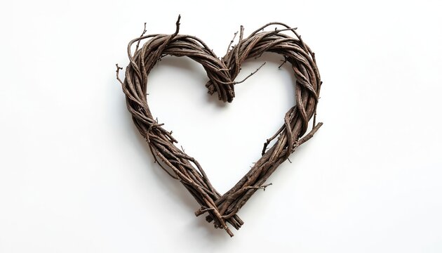 Rustic heart shape formed from natural brown twigs. Isolated on a clean white background, this rustic decoration suggests love and nature. It is perfect for rustic wedding or spring themes.