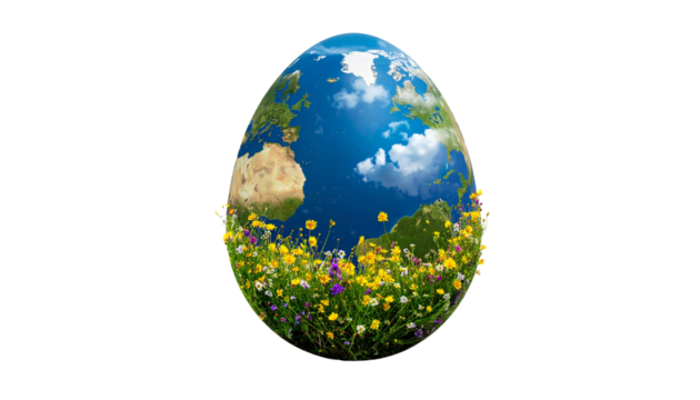 Easter egg shaped like a planet with tiny flowers and clouds, isolated on transparent background, surreal spring concept. - Powered by Adobe