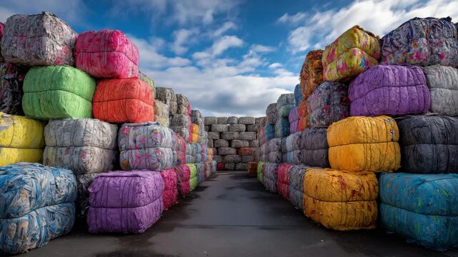Recycling facility with plastic waste bales at sunset. symbolizes sustainability, waste management, recycling industry, and the global challenge of plastic pollution.
