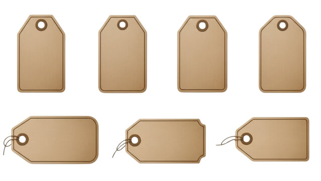 Set of Eight Blank Vintage Paper Tags with String Attachments on White Background