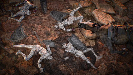 medieval battlefield, defeated warriors, knights at the end of the battle, 3D render