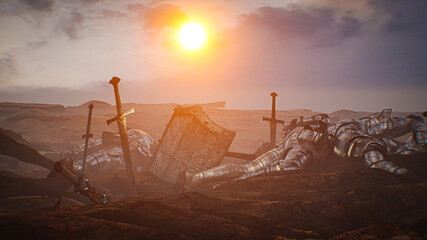 medieval battlefield,  end of the battle, 3D render