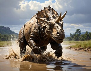 Large triceratops running through water in a grassy, scenic environment