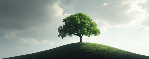 Single green tree stands on grassy hill under cloudy sky. Tree has lush foliage. Hill slopes down. Sky has light and dark clouds. Natural landscape scene.