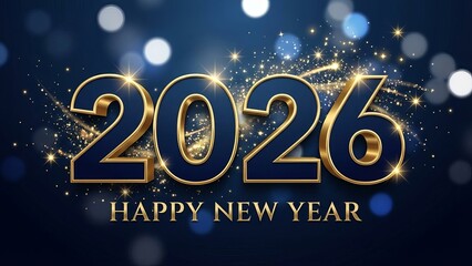 Bold 3D Gold and Blue 2026 Happy New Year Text with Sparkles