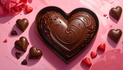 ピンク背景に並ぶハート型チョコレートトレイ。バレンタインのイメージ。Heart Shaped Chocolate Trays on Pink Background for Valentine&rsquo;s Day.