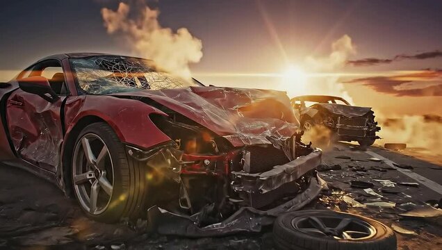 Devastated Red Sports Car After Catastrophic Collision at Sunset.