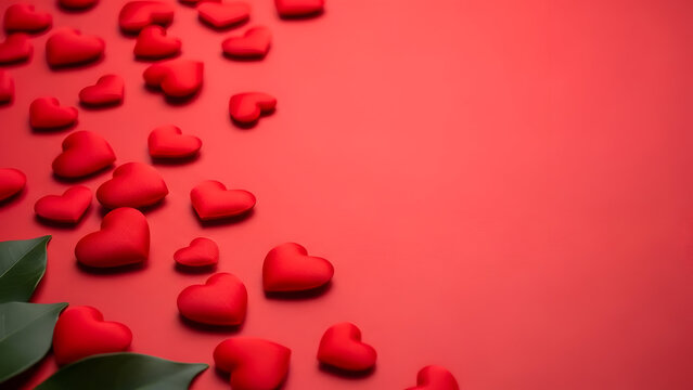 Red hearts and green leaves on a pink background for valentine s day