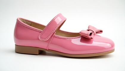 Fototapeta premium Childrens pink patent leather Mary Jane ballet flats feature bow detail. Shoes hook, loop strap closure for easy wear. Comfortable, stylish for kids special occasions everyday wear.