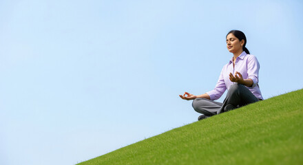 Indian Woman Meditating Outdoors on Grassy Hill Under Blue Sky