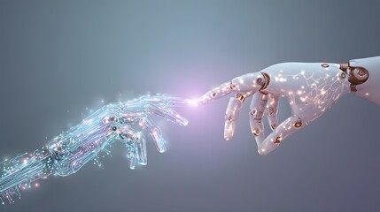 Two robotic hands, one seemingly composed of circuit boards and glowing lines, extend towards each other, their fingertips nearly touching against a soft background.