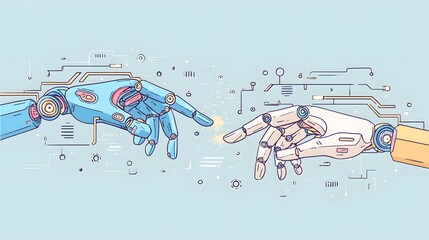 Two robotic hands, one blue and one beige, are poised to touch, creating a connection in a minimalist composition with detailed circuit-like lines overlaid on a soft, light blue background,...