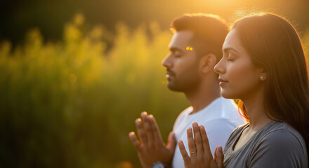 Couple Meditating Peacefully Outdoors at Golden Sunset