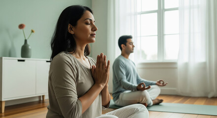 Mindful Couple Meditates at Home for Inner Peace and Wellness