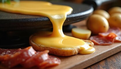 Melted raclette cheese cascades over bread slice next to cured meats and boiled potatoes. Delicious Swiss food preparation at table, served with salami. Warm comfort meal for winter.
