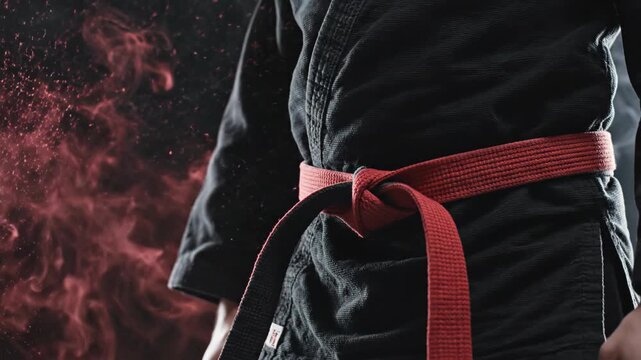 Powerful martial artist in black gi with knotted red belt ready fight.
