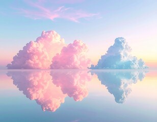 Fluffy pink & blue clouds mirrored on calm, colorful water