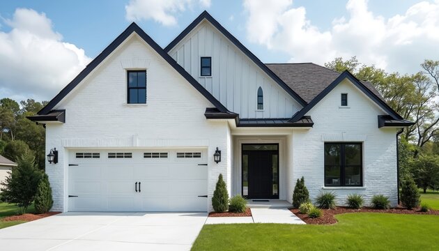 Modern white brick farmhouse exterior with black roof and windows. Features a two car garage, manicured lawn, and rich green trees under a bright blue sky.