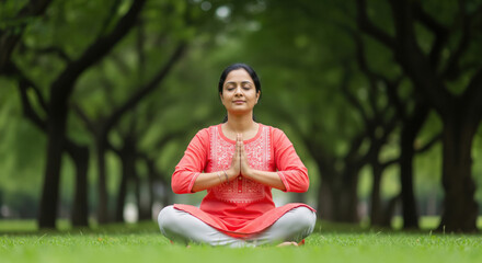 Indian Woman Meditating in Park for Peace and Wellness